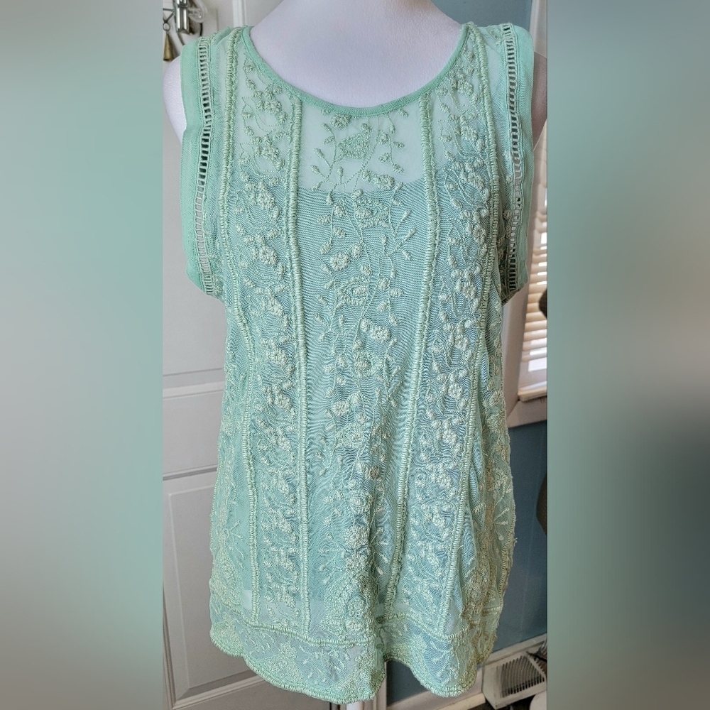 Sundance Floral Embroidered Mesh Sleeveless Blouse w/ Cami Women's S Mint Boho